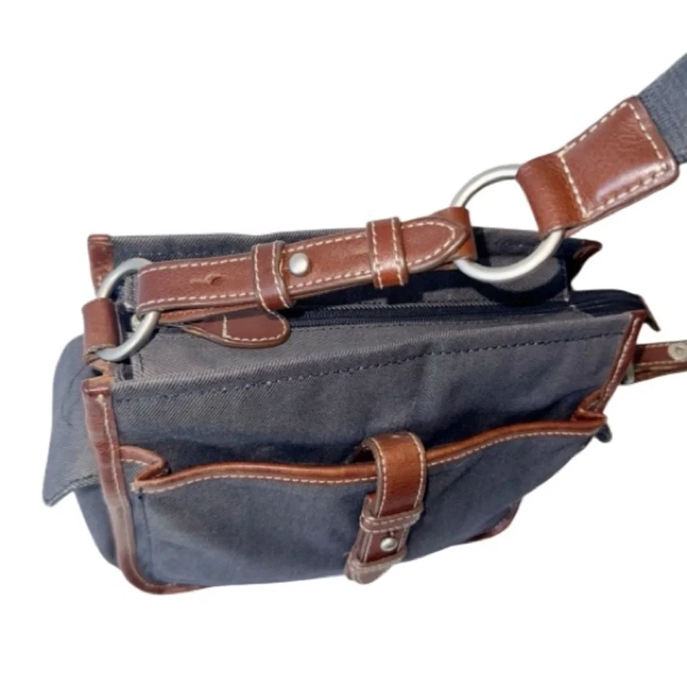 Fossil Vintage Y2K Crossbody Bag Charcoal Gray Canvas & Brown Leather Handbag